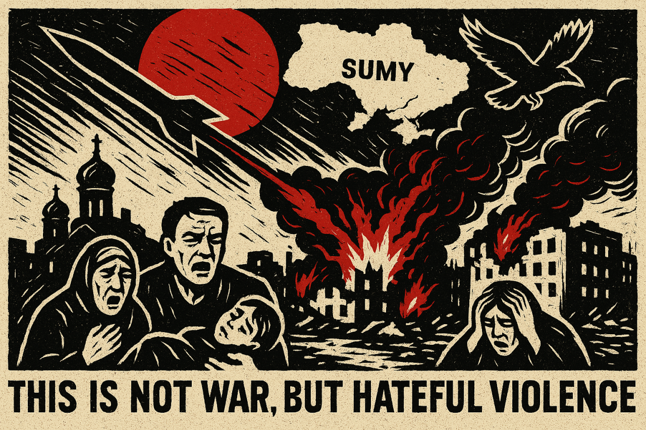 Woodcut-style image of a missile strike on a city, with grieving civilians and Orthodox church domes.