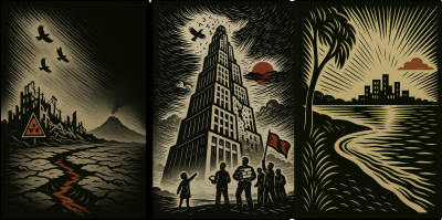 A triptych showing a central tower flanked by a desolate ruin and a radiant city, symbolizing collapse and promise.